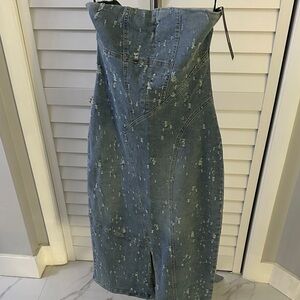 Fashion Nova Blue Distressed Strapless Dress